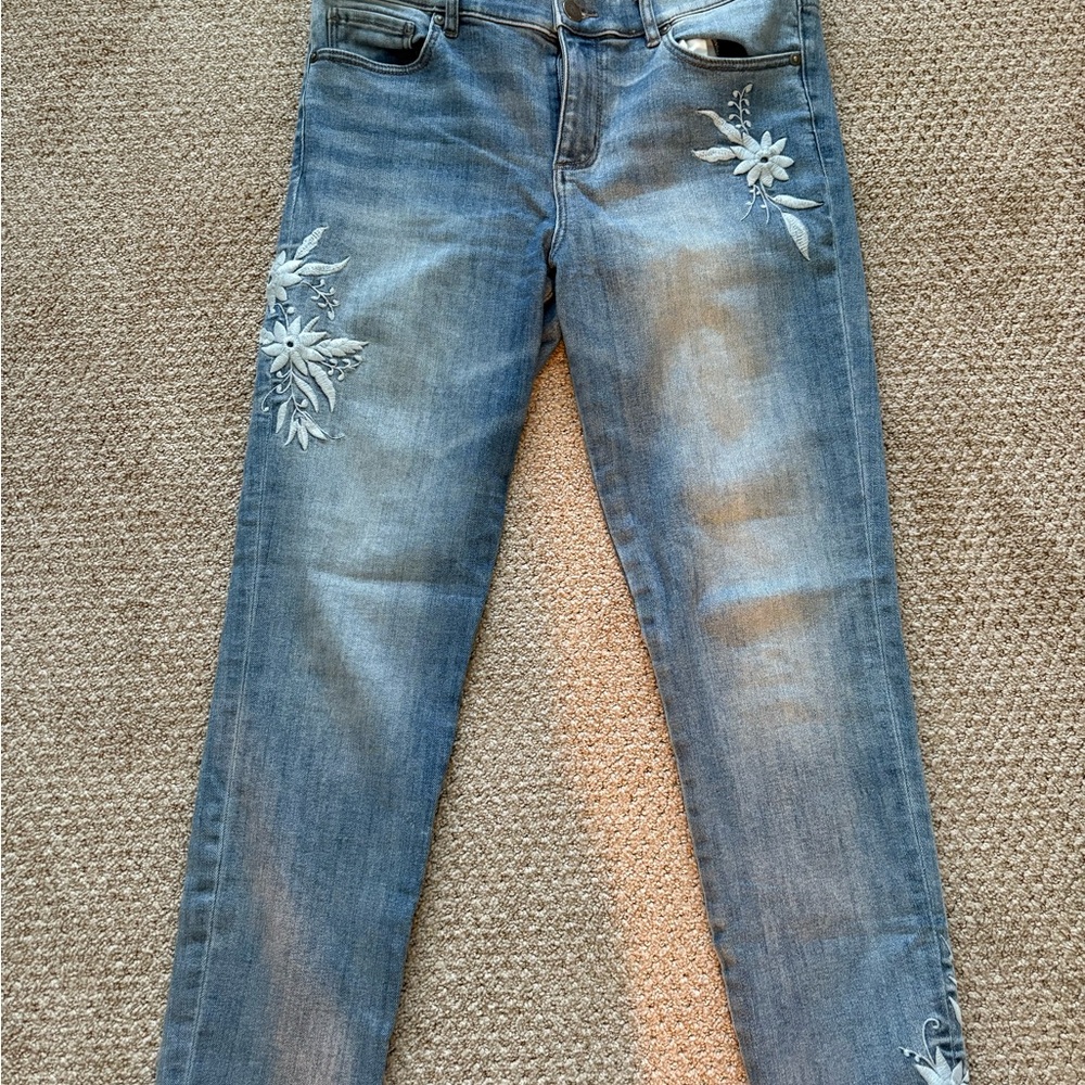 LOFT Blue Straight Leg Jeans with Floral Embroidery